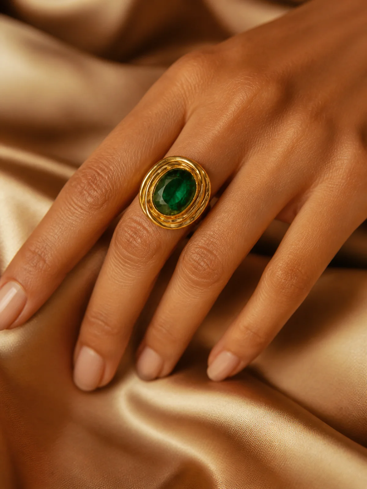 Gold vermeil cocktail ring with an oval green stone, worn on the hand.