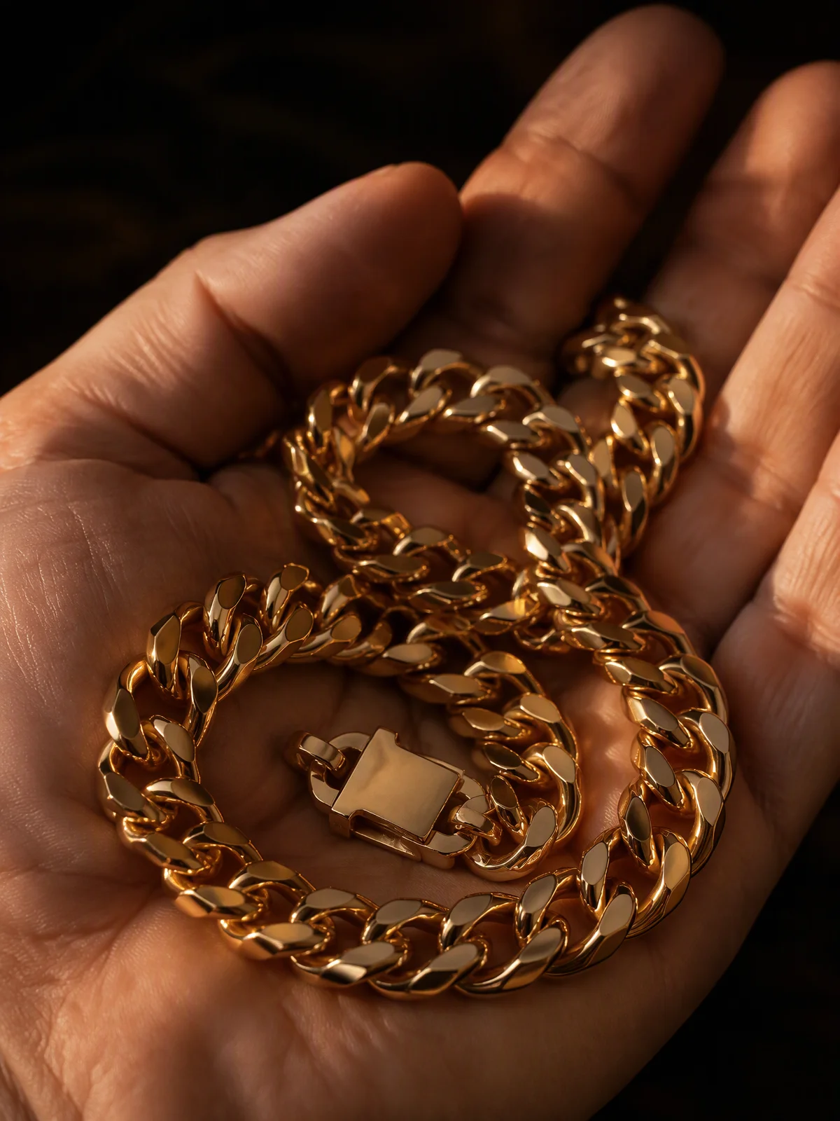 Gold vermeil curb chain coiled in an open palm.